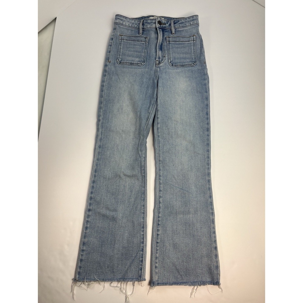 Hidden Jeans Patch Pocket Flare Size 26 Mid Rise Stretch Raw Hem Light Wash